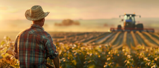 Weary Farmer Watches Harvesting Robots on High-Tech Farm