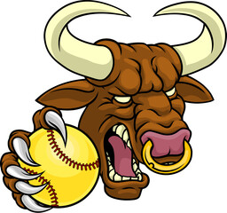 A bull or Minotaur monster longhorn cow angry mean softball mascot cartoon character.