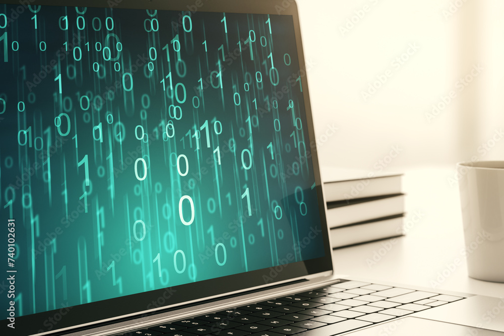 Aufkleber Creative abstract binary code hologram on modern computer monitor, AI and machine learning concept. 3D Rendering