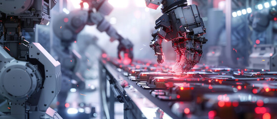 industrial automated robot arm swiftly and accurately assembling electronic gadgets on an automated factory production line - obrazy, fototapety, plakaty
