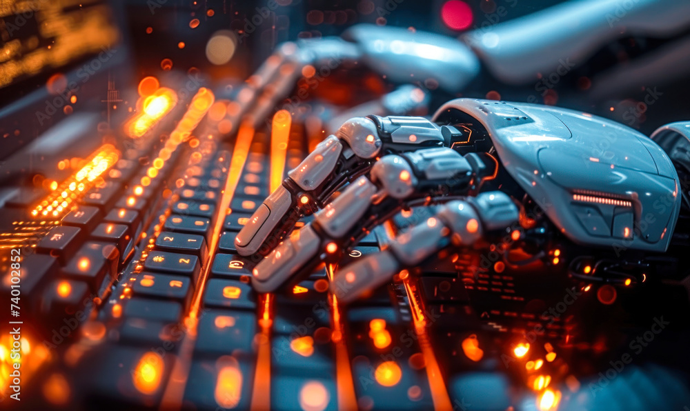 Poster futuristic robotic arms engaged in cyber operations, typing rapidly on an illuminated keyboard, symb