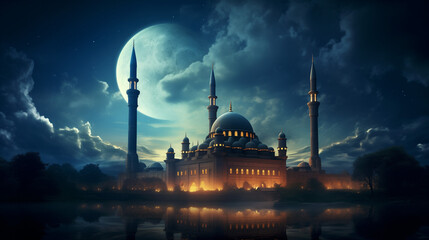 Night mosque, half moon or crescent. Ramadan majestic landscape, islamic holiday. - obrazy, fototapety, plakaty