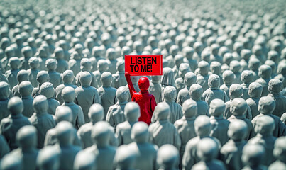 A singular red figure raising a LISTEN TO ME! sign amidst a sea of white 3D figures symbolizing the need to be heard in a crowd