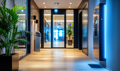 Modern office entrance with a biometric security access control system on the wall, ensuring restricted and safe entry