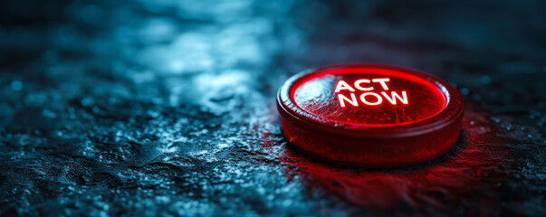 A 3D rendered red button with the words ACT NOW symbolizes urgency, immediate action, response, and the importance of taking swift decisive steps