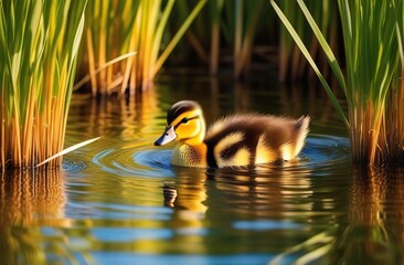 Naklejka premium a small newborn duckling swims in the water among the reeds, a bright sunny day
