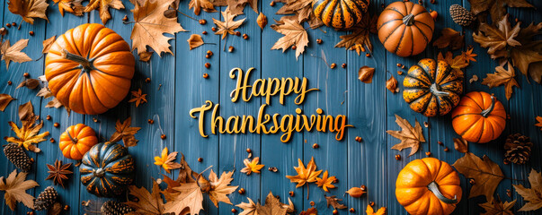 Elegant Happy Thanksgiving calligraphy with autumnal theme, pumpkins and dry leaves on rustic wooden background for holiday season greetings