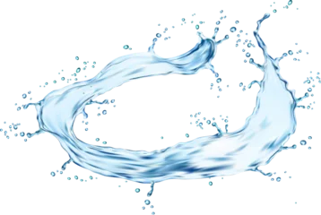  Clean water flow splash with splatters. Isolated realistic 3d vector liquid round wave with dynamic droplets in motion. Blue, transparent fluid aqua pour, fresh drink stream with drops and bubbles © Vector Tradition