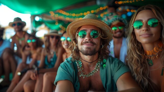 Group of friends at a beach party on the island of Bali celebrating St. Patrick's Day.