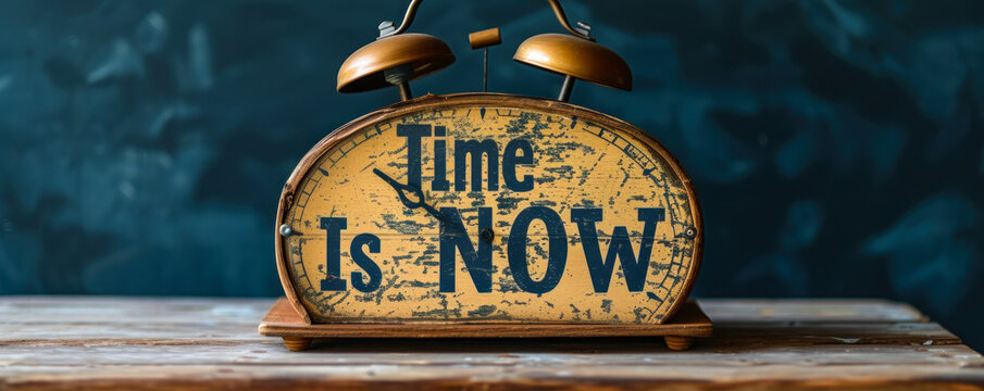 Conceptual clock with The Time Is Now message, symbolizing urgent action, immediacy, and seizing the moment in stark monochrome contrast
