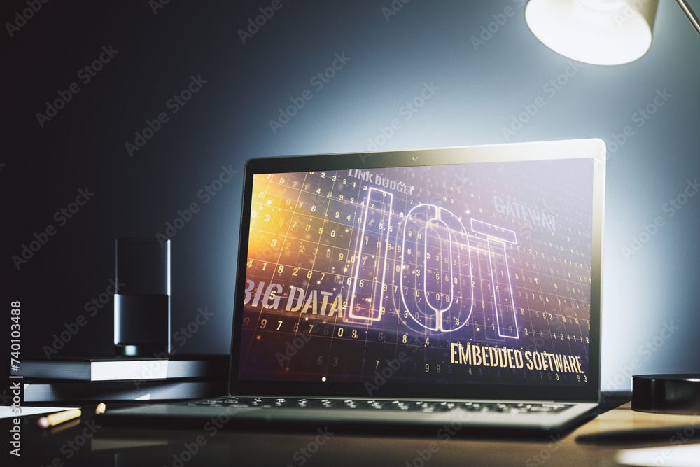 Poster creative iot concept on modern laptop screen. 3d rendering