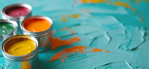 a close up of multicolored paint tins on a turquoise 