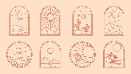 Boho desert and cactus, vintage bohemian oasis with mountain and sky landscape, vector window frames. Boho arches with thin line sun, moon and palm, summer night and clouds with stars in sky outline