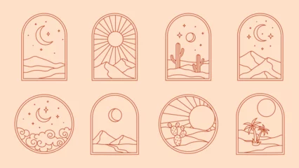 Rolgordijnen Boho desert and cactus, vintage bohemian oasis with mountain and sky landscape, vector window frames. Boho arches with thin line sun, moon and palm, summer night and clouds with stars in sky outline © Vector Tradition
