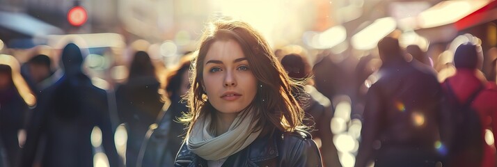 Beautiful young woman inside a crowd.