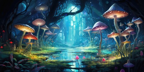 Enchanted Forest With Abundant Mushrooms Generative AI