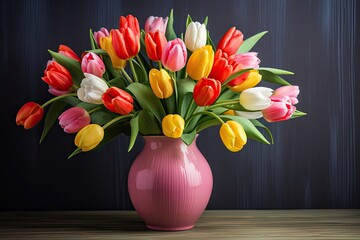 Vivid tulips bouquet in colorful vase - capturing springtime charm