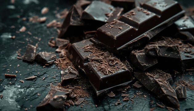 Decadent Dark Chocolate Delight: Broken Pieces and Shavings on a Textured Surface