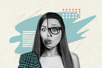 Collage creative poster monochrome effect excited amazed shocked two young woman half mask doodle...