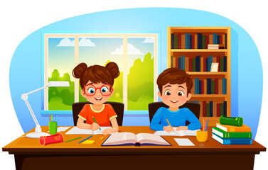 Cartoon boy and girl making homework, cheerful pupils writing in notebooks, vector child students. Boy and girl kids in eyeglasses making school homework lessons, together sitting at table desk