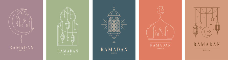 Ramadan Kareem greetings with Muslim mosque, crescent moon, stars and Arabian lanterns, vector banners. Islam religious holiday Ramadan Kareem in thin line art mosque and Arabic lantern lamps © Vector Tradition
