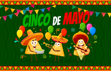 Cinco de Mayo Mexican holiday banner with Tex Mex nachos chips musician characters, vector background. Funny Mexican nacho mariachi in sombreros with guitar, trumpet and guacamole for Cinco de Mayo