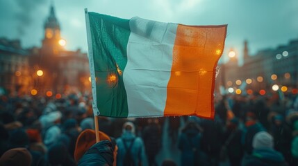 Crowd of people waving the flag of Ireland in the evening - obrazy, fototapety, plakaty