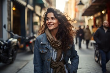 Playful woman walks the city street looking back and smiling. Concept Casual, Urban, Lifestyle,...