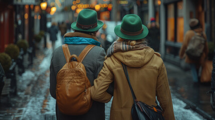 Back view of tourists in green hats walking on street in Dublin, Ireland.