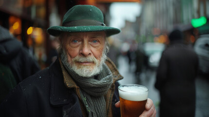 Portrait of a senior irish man with a glass of beer on the street of Ireland.