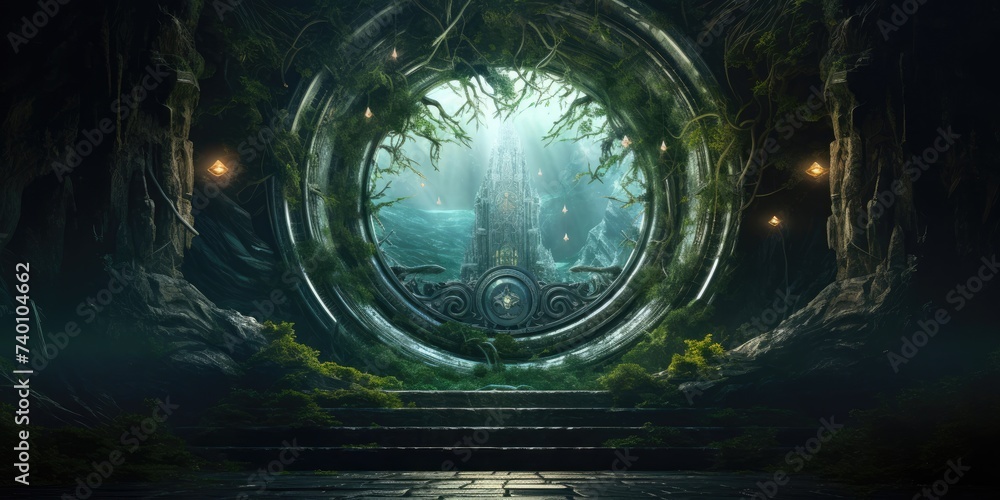 Poster mysterious portal in dark forest generative ai