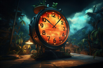An illuminated clock stands prominently against a dark, jungle backdrop, symbolizing urgency.
