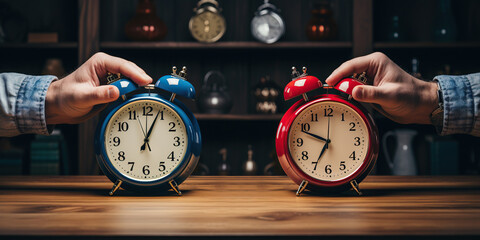 A person in a suit holds two contrasting alarm clocks, symbolizing time management or time zones.