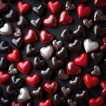 Valentine's Delight: Assorted Heart-Shaped Chocolates on Dark Slate, Embellished with Red Sprinkles