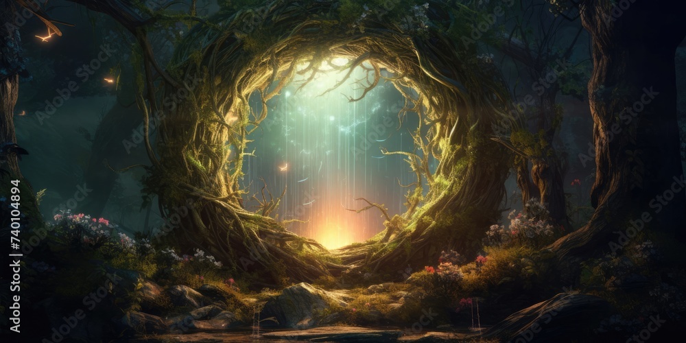 Poster mysterious light source in dark forest generative ai