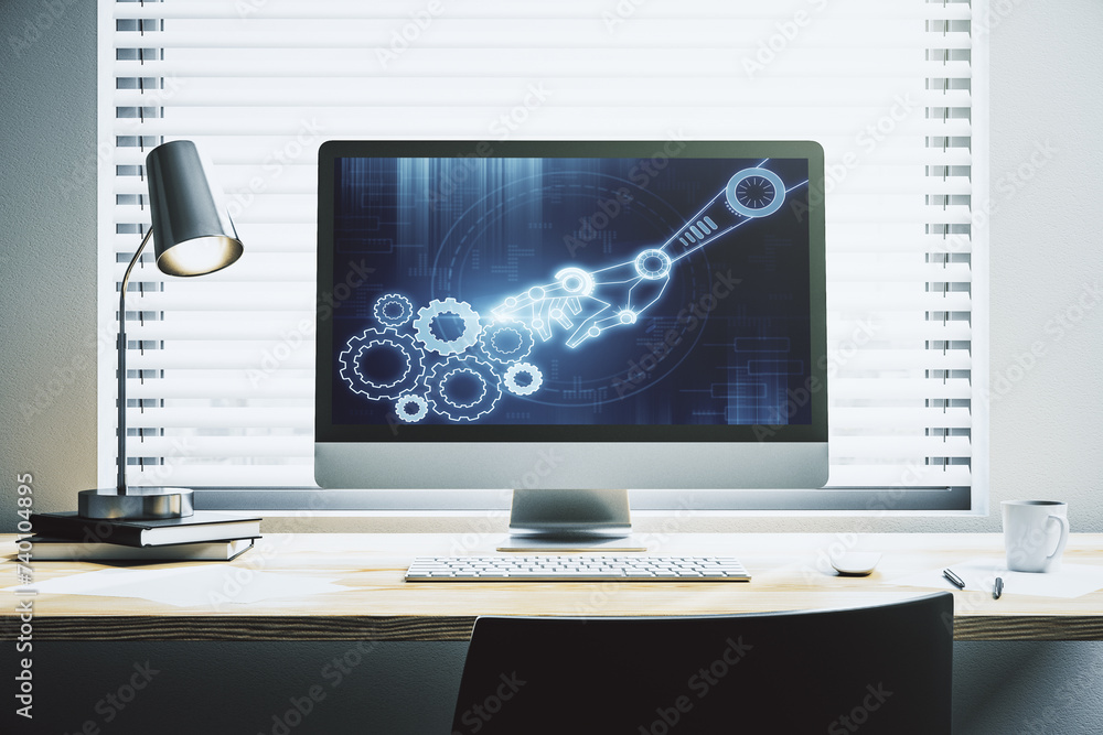 Poster Creative abstract robotics technology hologram on modern computer monitor, artificial intelligence and machine learning concept. 3D Rendering