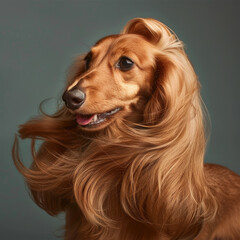 dog with luxurious hair advertising groomer salon or dog shampoo