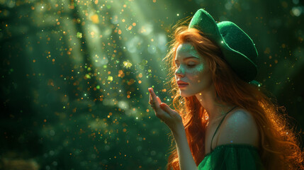 Portrait of a beautiful red haired girl in a green hat and a green dress in fairytale background. - obrazy, fototapety, plakaty
