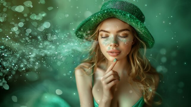 Beautiful young woman in green hat and green dress with creative makeup and fairy background.