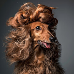 dog with luxurious hair advertising groomer salon or dog shampoo