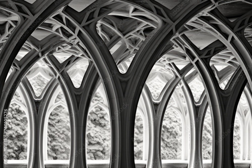Poster black and white photo of a building with arched windows, suitable for architectural projects
