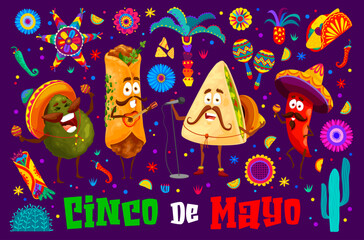Cinco de Mayo mexican holiday banner with cartoon characters of tex mex food. Happy burrito, avocado, chili and quesadilla vector personages on Mexico fiesta party with sombrero, guitar and maracas