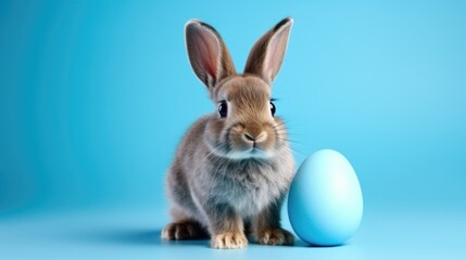 Fototapeta na wymiar A cute rabbit sitting next to a blue egg, perfect for Easter designs