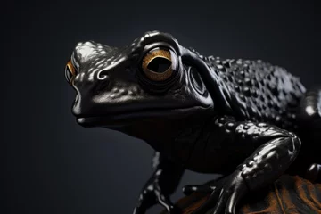 Deurstickers A black frog sitting on top of a piece of wood. Ideal for nature and wildlife concepts © Fotograf