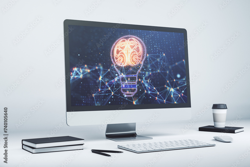 Fototapete creative idea concept with light bulb and human brain illustration on modern laptop screen. neural n