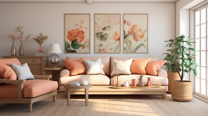 A serene living room with a soft peach-colored couch paired with wooden furniture and splashes of floral patterns in the cushions.