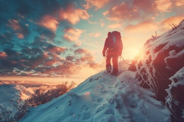 Fototapeta premium Mountain natural landscape. Walking travel. Sports activities - climbing a mountain, healthy active lifestyle. Background for travel advertising.