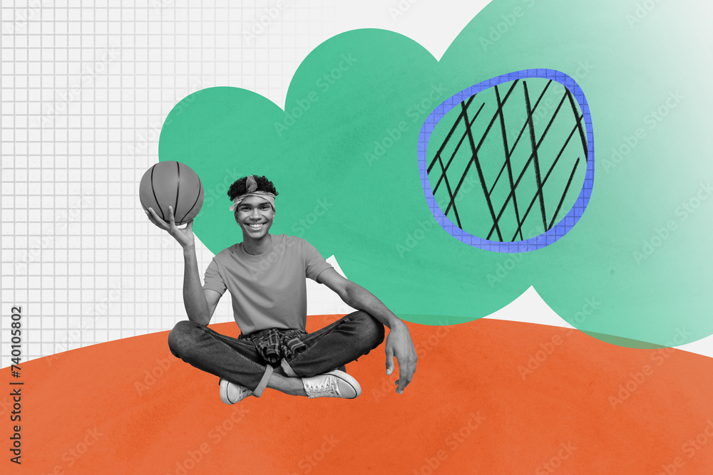 Sticker Creative collage picture illustration monochrome effect happy attractive smile young man sport basketball colorful draw background