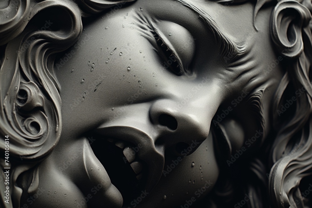 Poster detailed close up of a statue depicting a woman's face. suitable for various design projects