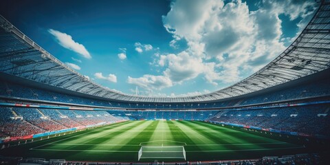 A soccer stadium with a green field under a clear blue sky. Ideal for sports events or recreational activities